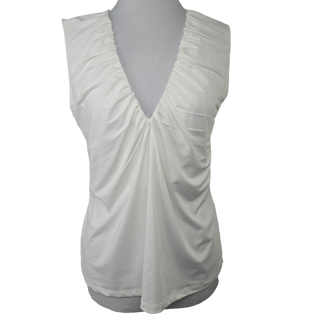 Vero Moda Women's Large White Deep Plunge‎ V-neck Sleeveless Ruched Top